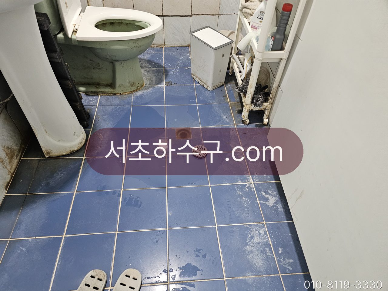 원룸 욕실 바닥 배수구 주변에 물이 올라와 고인 모습