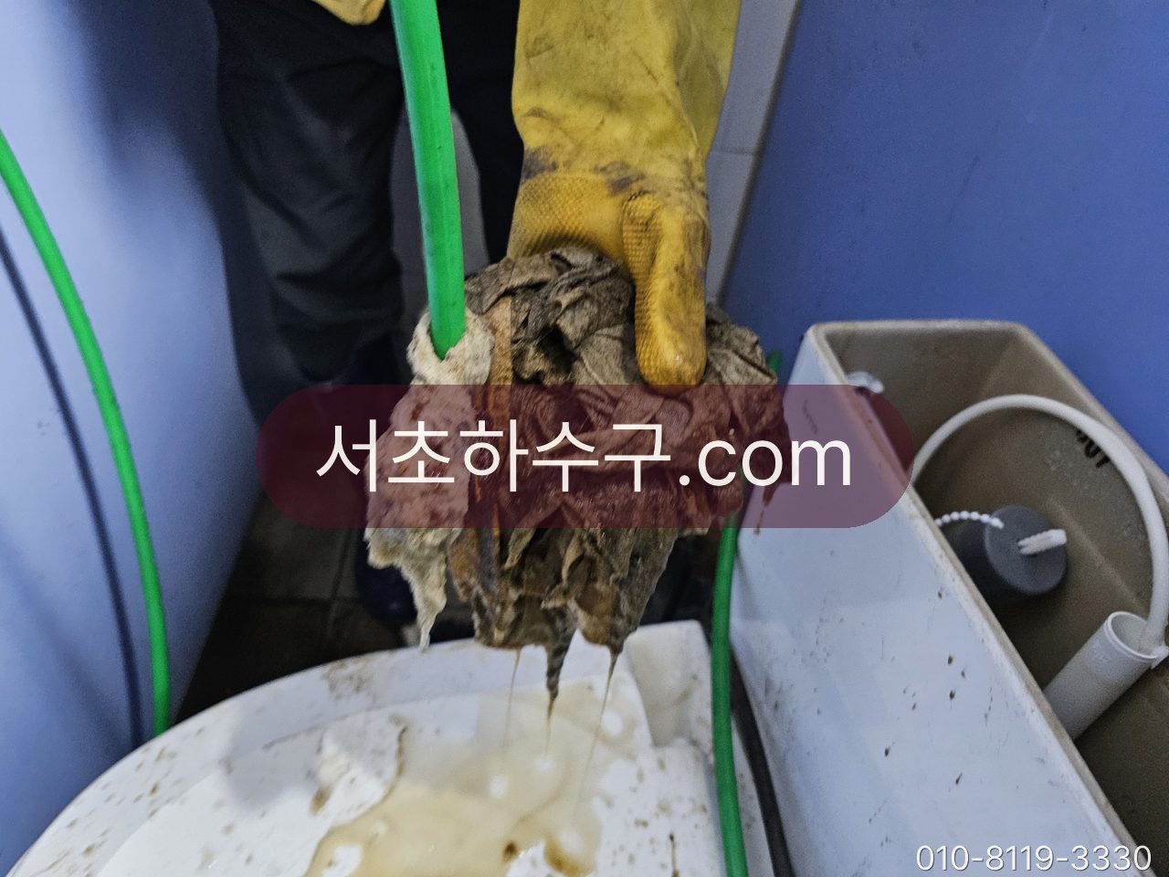 변기 배관에서 꺼낸 물티슈 뭉치를 장갑 낀 손으로 들어 올린 모습
